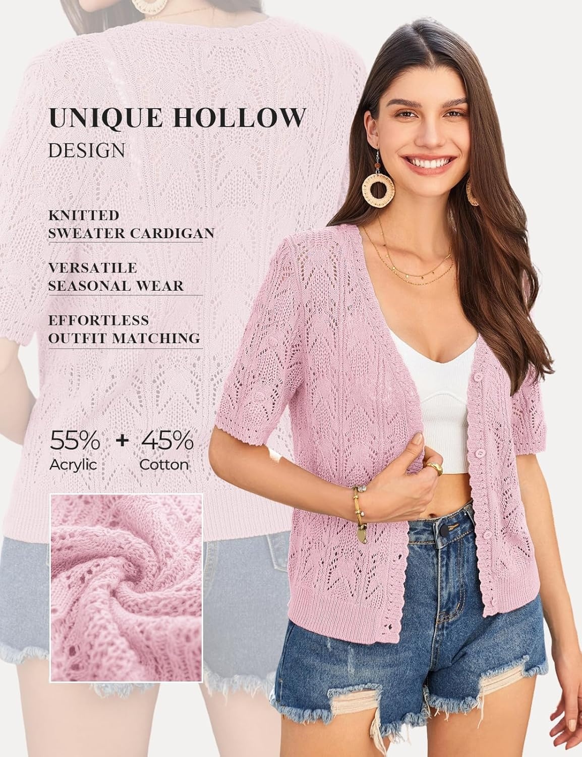 image:imageGRACE KARIN 2026 Womens Short Sleeve V Neck Cardigans Sweaters Open Front Knit Crochet Button Bolero Shrugs TopsLight Pink