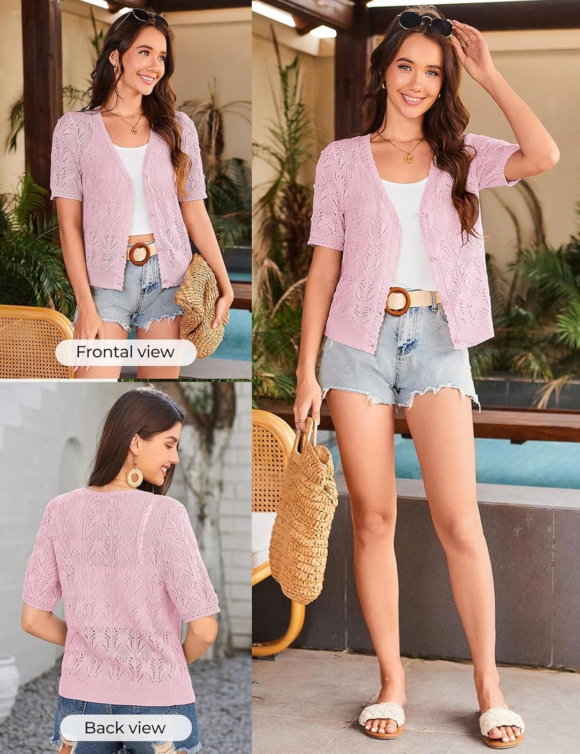 image:imageGRACE KARIN 2026 Womens Short Sleeve V Neck Cardigans Sweaters Open Front Knit Crochet Button Bolero Shrugs TopsLight Pink