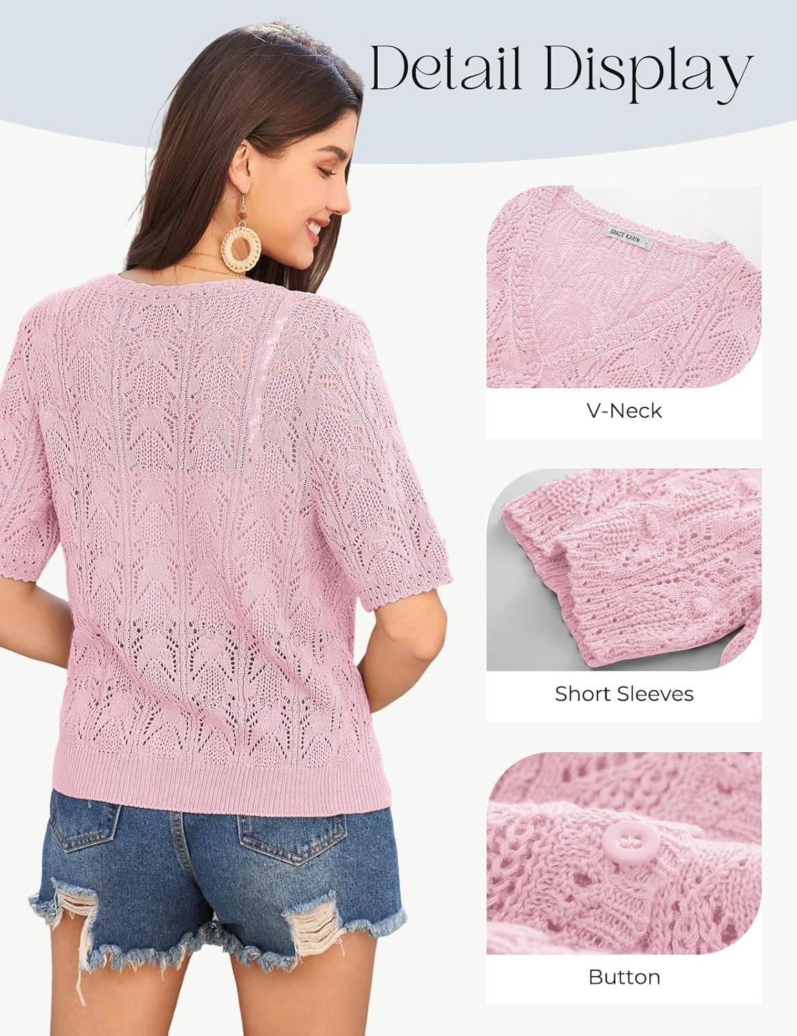 image:imageGRACE KARIN 2026 Womens Short Sleeve V Neck Cardigans Sweaters Open Front Knit Crochet Button Bolero Shrugs TopsLight Pink