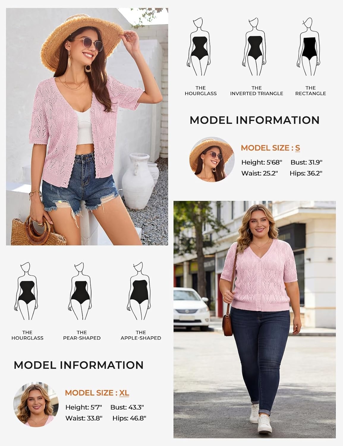 image:imageGRACE KARIN 2026 Womens Short Sleeve V Neck Cardigans Sweaters Open Front Knit Crochet Button Bolero Shrugs TopsLight Pink
