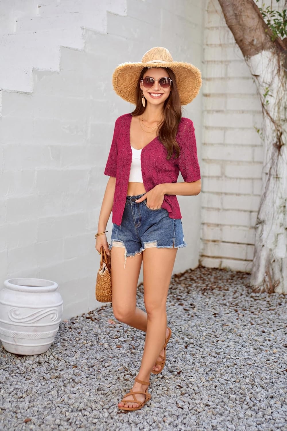 image:imageGRACE KARIN 2026 Womens Short Sleeve V Neck Cardigans Sweaters Open Front Knit Crochet Button Bolero Shrugs TopsRed