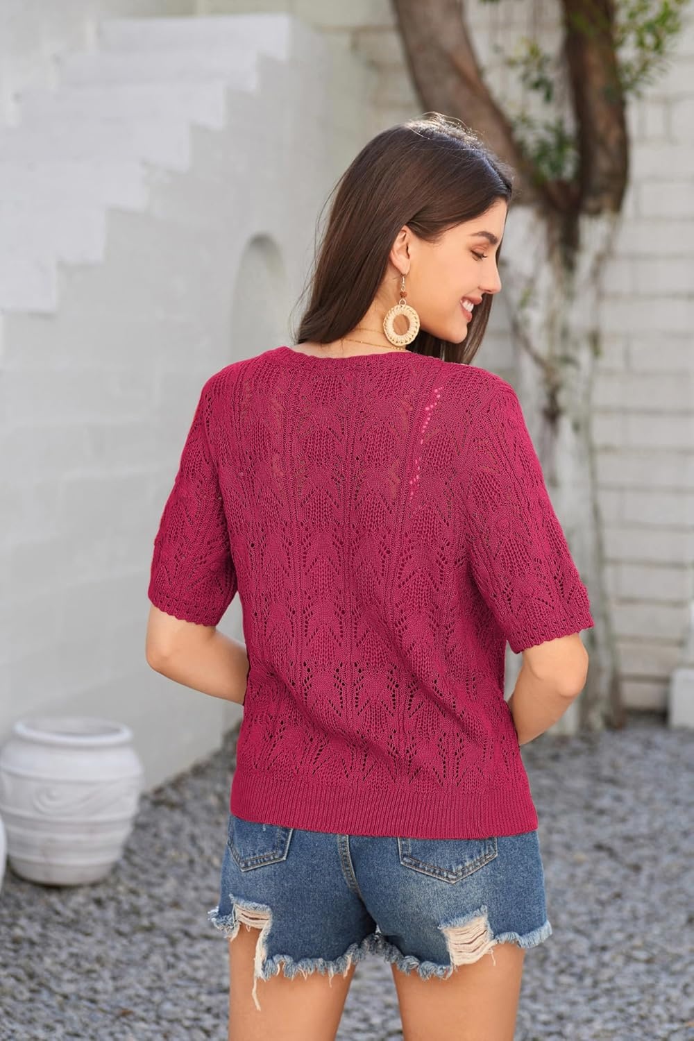 image:imageGRACE KARIN 2026 Womens Short Sleeve V Neck Cardigans Sweaters Open Front Knit Crochet Button Bolero Shrugs TopsRed