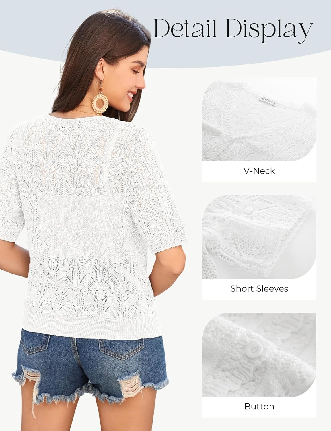 image:imageGRACE KARIN 2026 Womens Short Sleeve V Neck Cardigans Sweaters Open Front Knit Crochet Button Bolero Shrugs TopsWhite