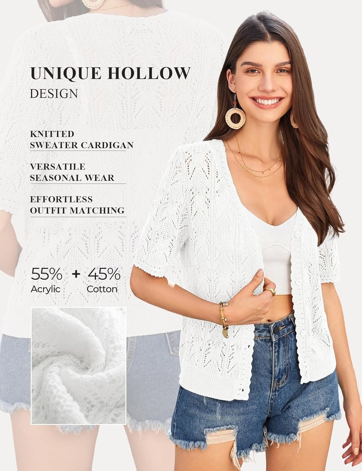 image:imageGRACE KARIN 2026 Womens Short Sleeve V Neck Cardigans Sweaters Open Front Knit Crochet Button Bolero Shrugs TopsWhite