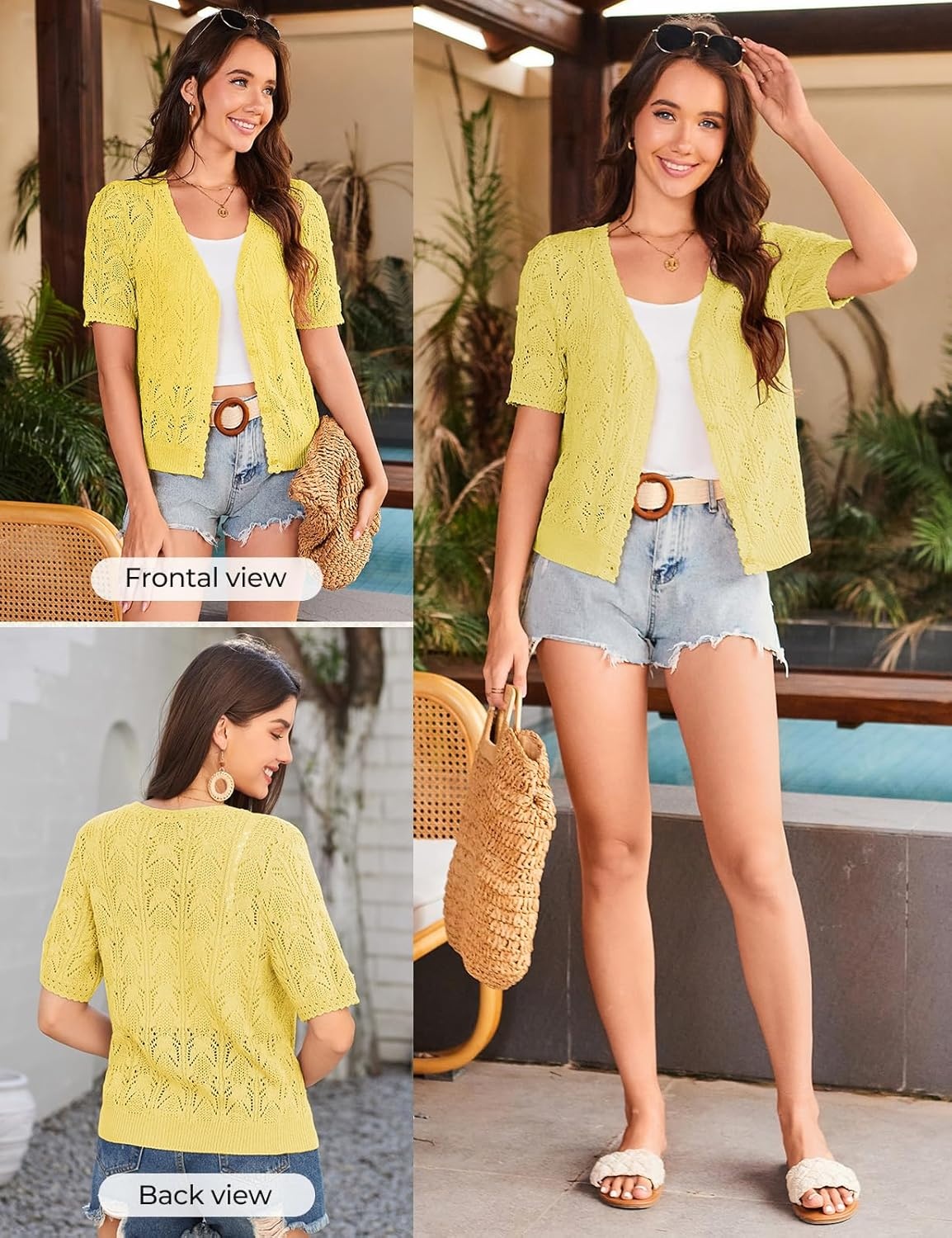 image:imageGRACE KARIN 2026 Womens Short Sleeve V Neck Cardigans Sweaters Open Front Knit Crochet Button Bolero Shrugs TopsYellow