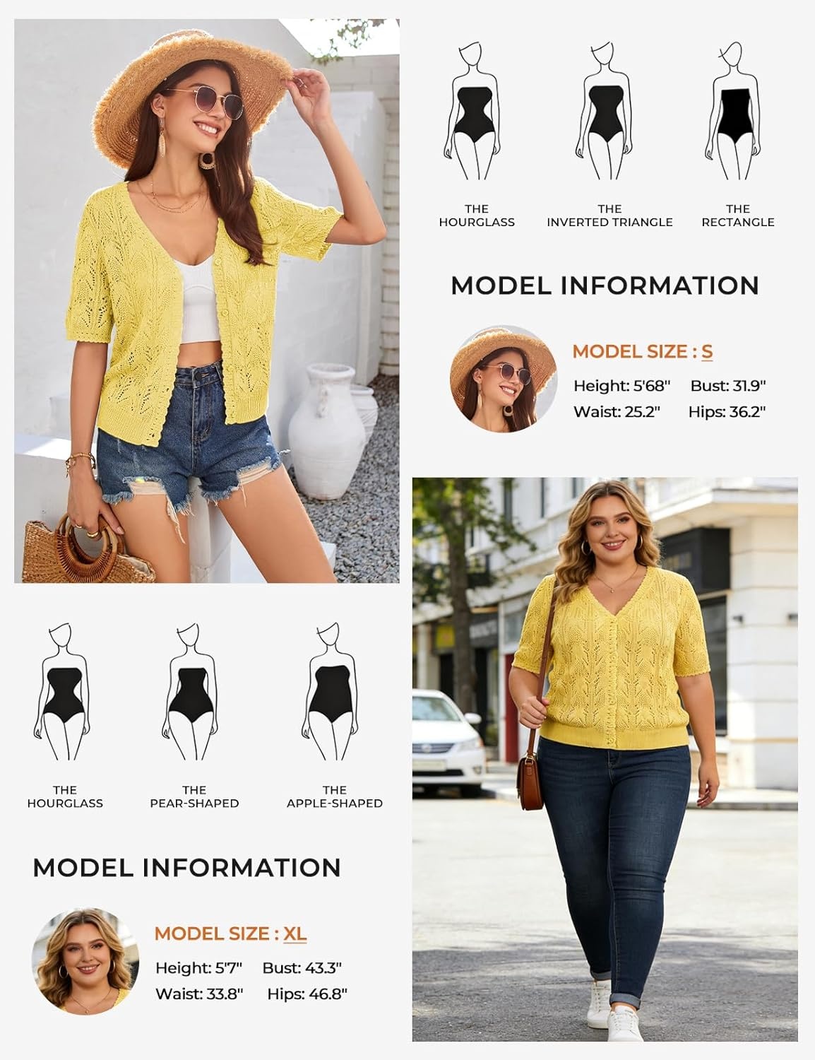 image:imageGRACE KARIN 2026 Womens Short Sleeve V Neck Cardigans Sweaters Open Front Knit Crochet Button Bolero Shrugs TopsYellow