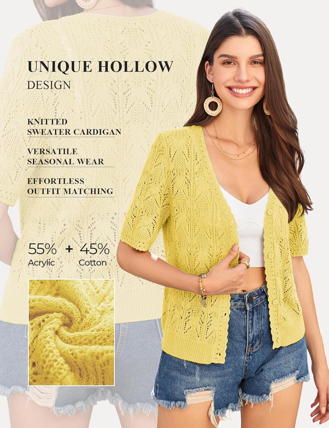 image:imageGRACE KARIN 2026 Womens Short Sleeve V Neck Cardigans Sweaters Open Front Knit Crochet Button Bolero Shrugs TopsYellow
