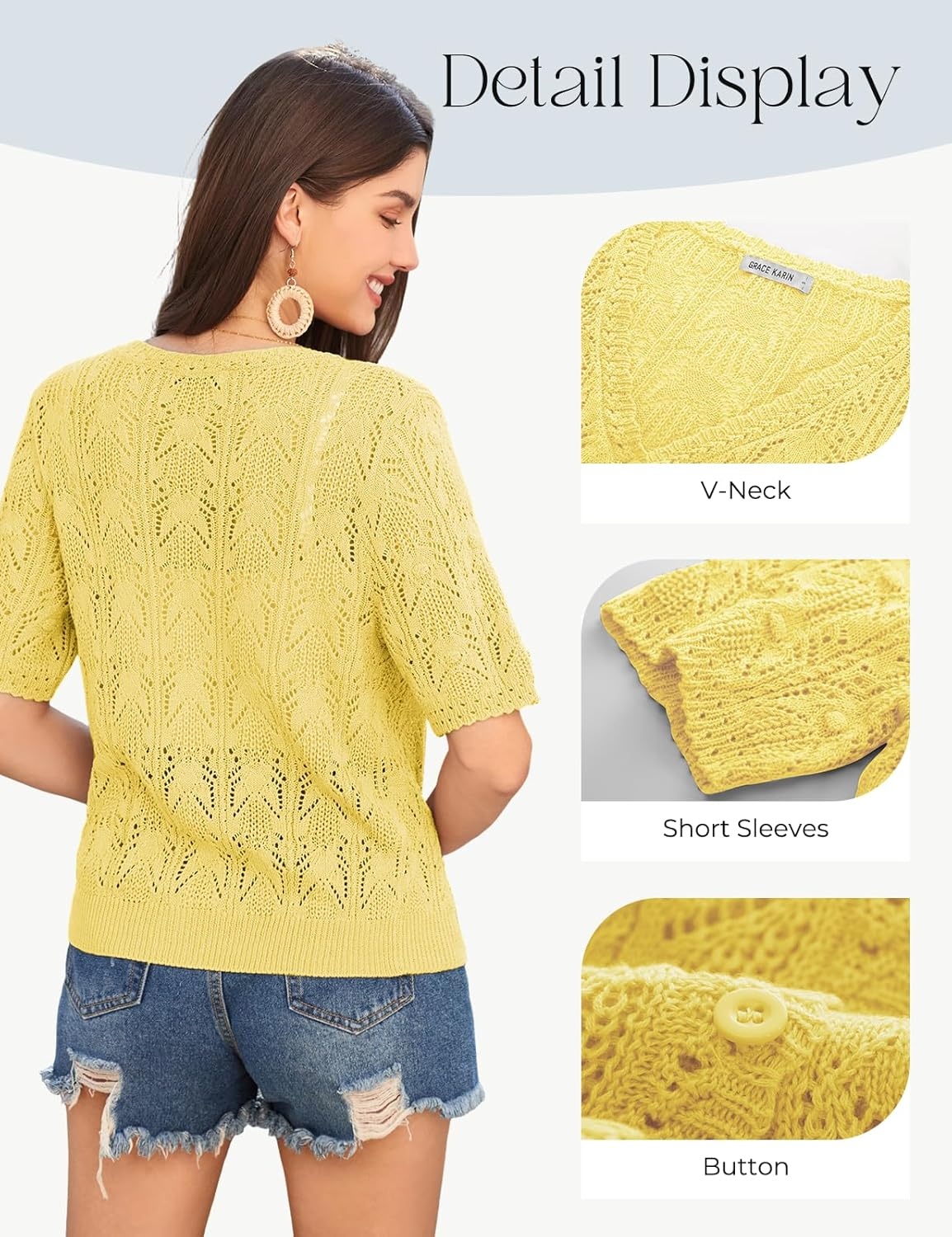 image:imageGRACE KARIN 2026 Womens Short Sleeve V Neck Cardigans Sweaters Open Front Knit Crochet Button Bolero Shrugs TopsYellow