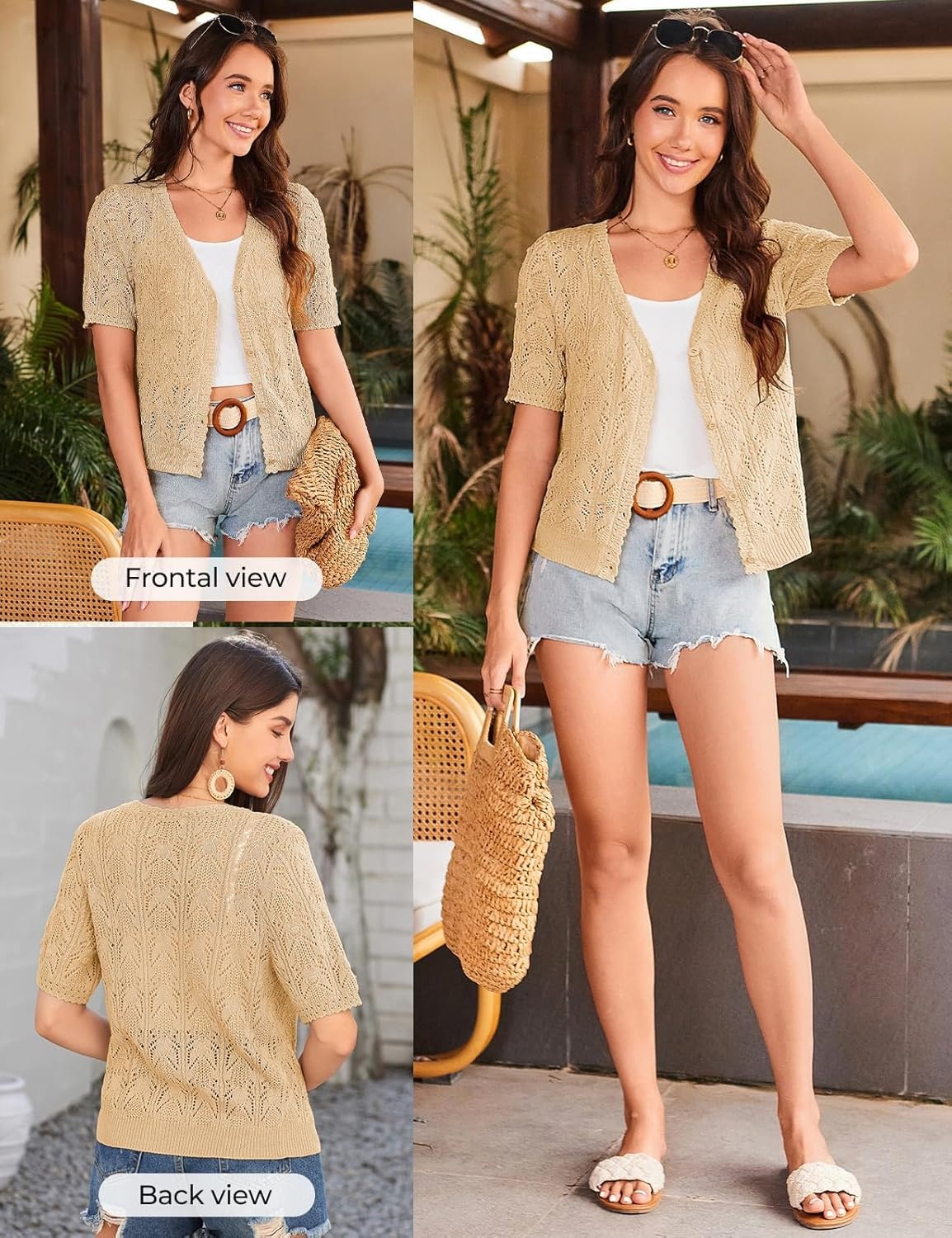 image:imageGRACE KARIN 2026 Womens Short Sleeve V Neck Cardigans Sweaters Open Front Knit Crochet Button Bolero Shrugs TopsYellow Apricot