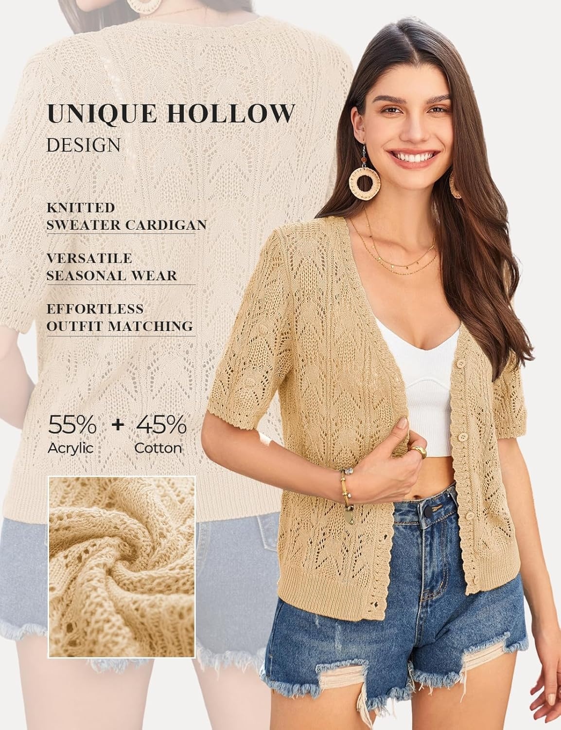 image:imageGRACE KARIN 2026 Womens Short Sleeve V Neck Cardigans Sweaters Open Front Knit Crochet Button Bolero Shrugs TopsYellow Apricot