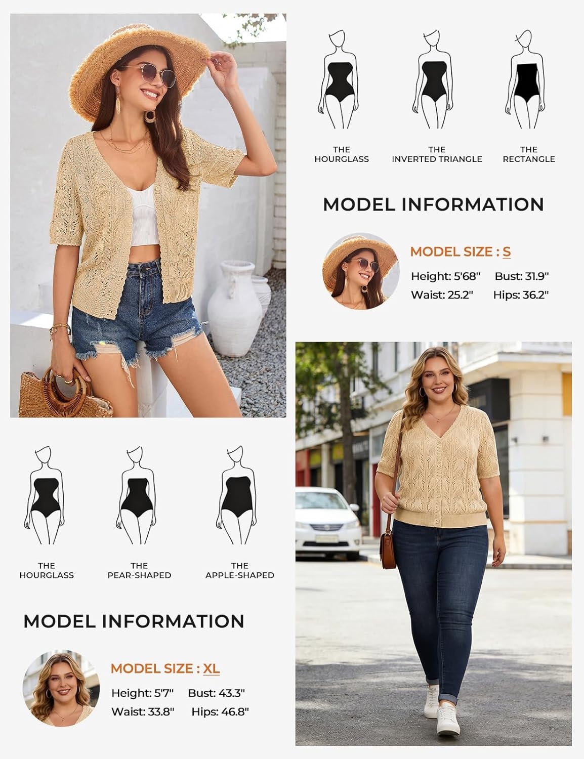 image:imageGRACE KARIN 2026 Womens Short Sleeve V Neck Cardigans Sweaters Open Front Knit Crochet Button Bolero Shrugs TopsYellow Apricot