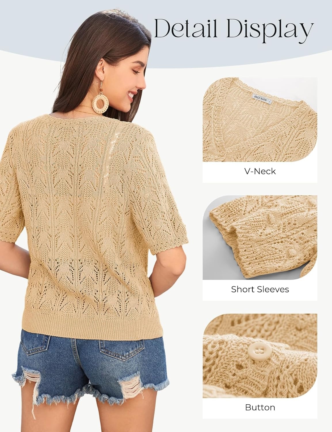 image:imageGRACE KARIN 2026 Womens Short Sleeve V Neck Cardigans Sweaters Open Front Knit Crochet Button Bolero Shrugs TopsYellow Apricot
