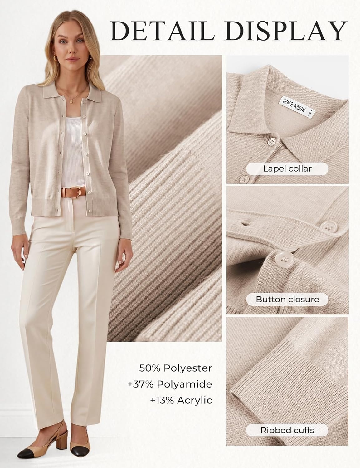 image:imageGRACE KARIN Cardigan Sweaters for Women Lightweight Trendy Long Sleeve Cardigans Lapel Collar Button Down Knit TopsBeige