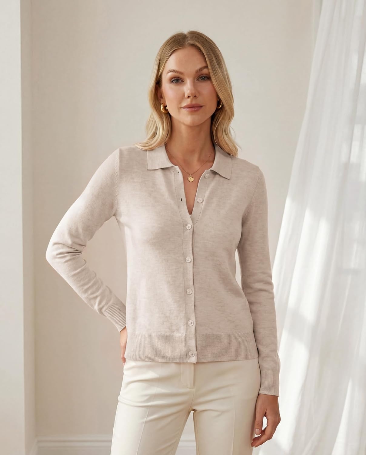 image:imageGRACE KARIN Cardigan Sweaters for Women Lightweight Trendy Long Sleeve Cardigans Lapel Collar Button Down Knit TopsBeige