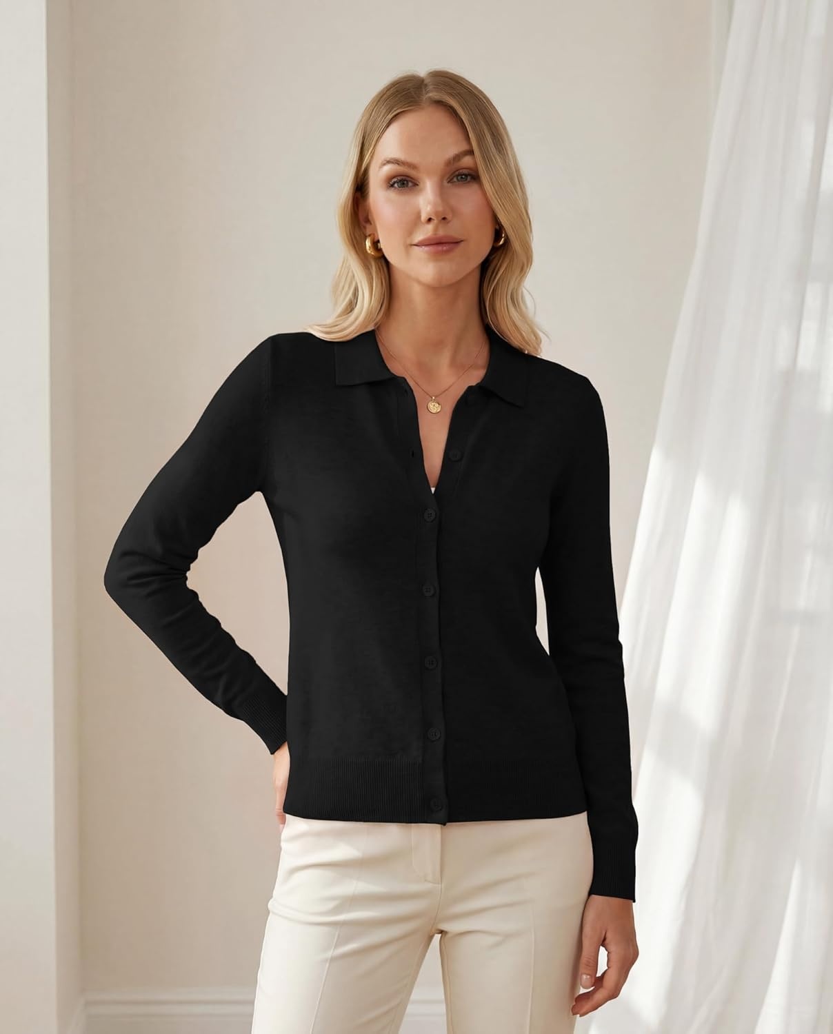 image:imageGRACE KARIN Cardigan Sweaters for Women Lightweight Trendy Long Sleeve Cardigans Lapel Collar Button Down Knit TopsBlack