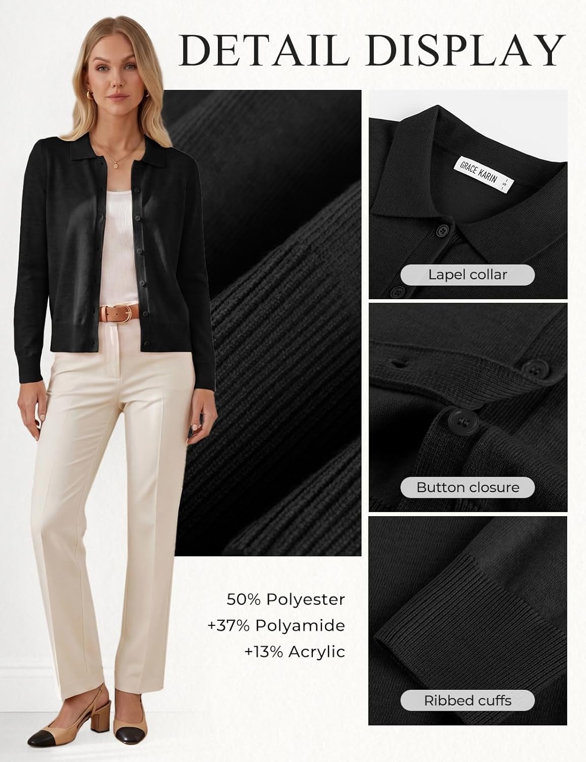 image:imageGRACE KARIN Cardigan Sweaters for Women Lightweight Trendy Long Sleeve Cardigans Lapel Collar Button Down Knit TopsBlack