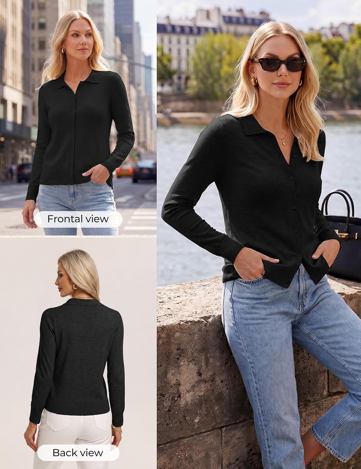image:imageGRACE KARIN Cardigan Sweaters for Women Lightweight Trendy Long Sleeve Cardigans Lapel Collar Button Down Knit TopsBlack