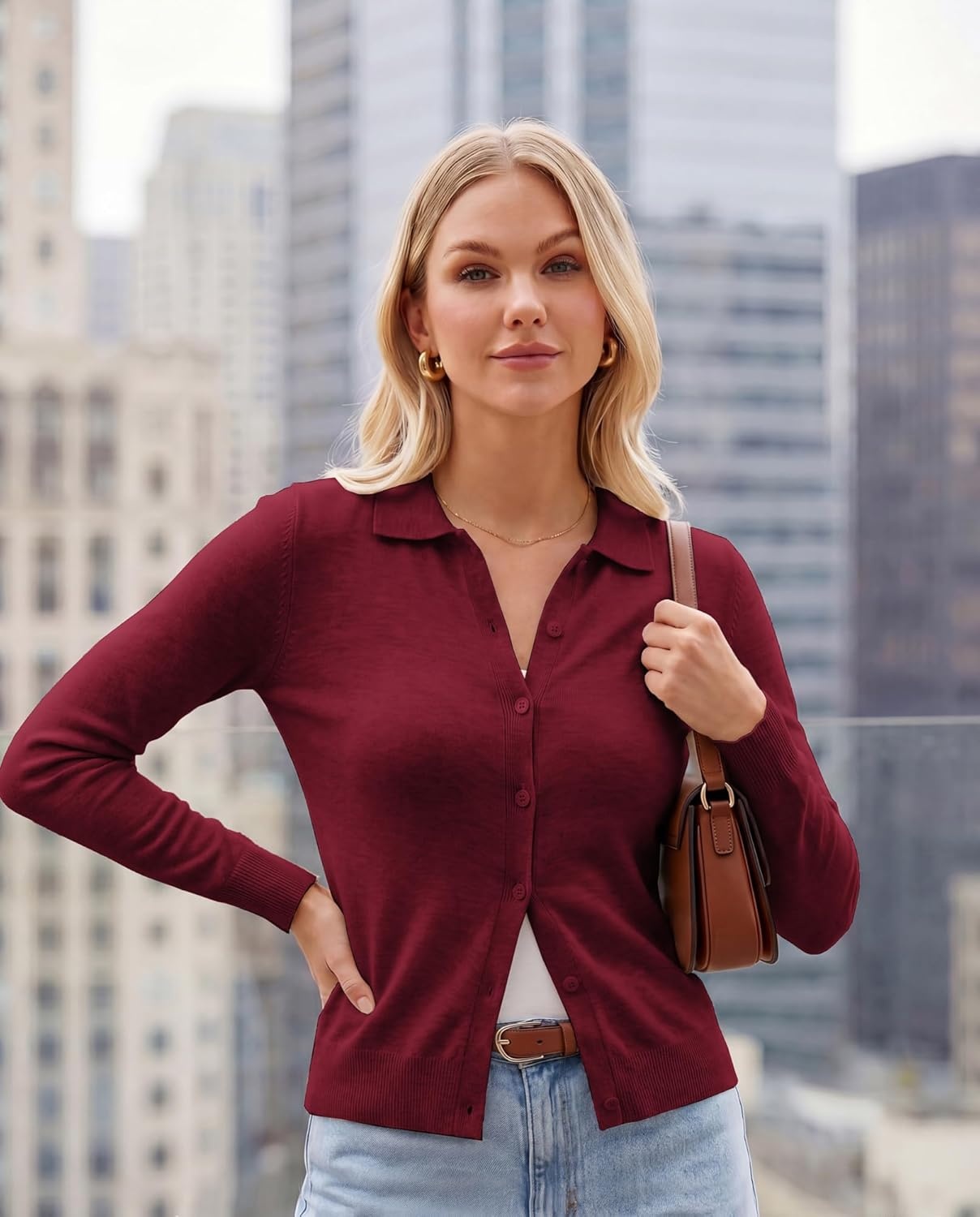 image:imageGRACE KARIN Cardigan Sweaters for Women Lightweight Trendy Long Sleeve Cardigans Lapel Collar Button Down Knit TopsBurgundy