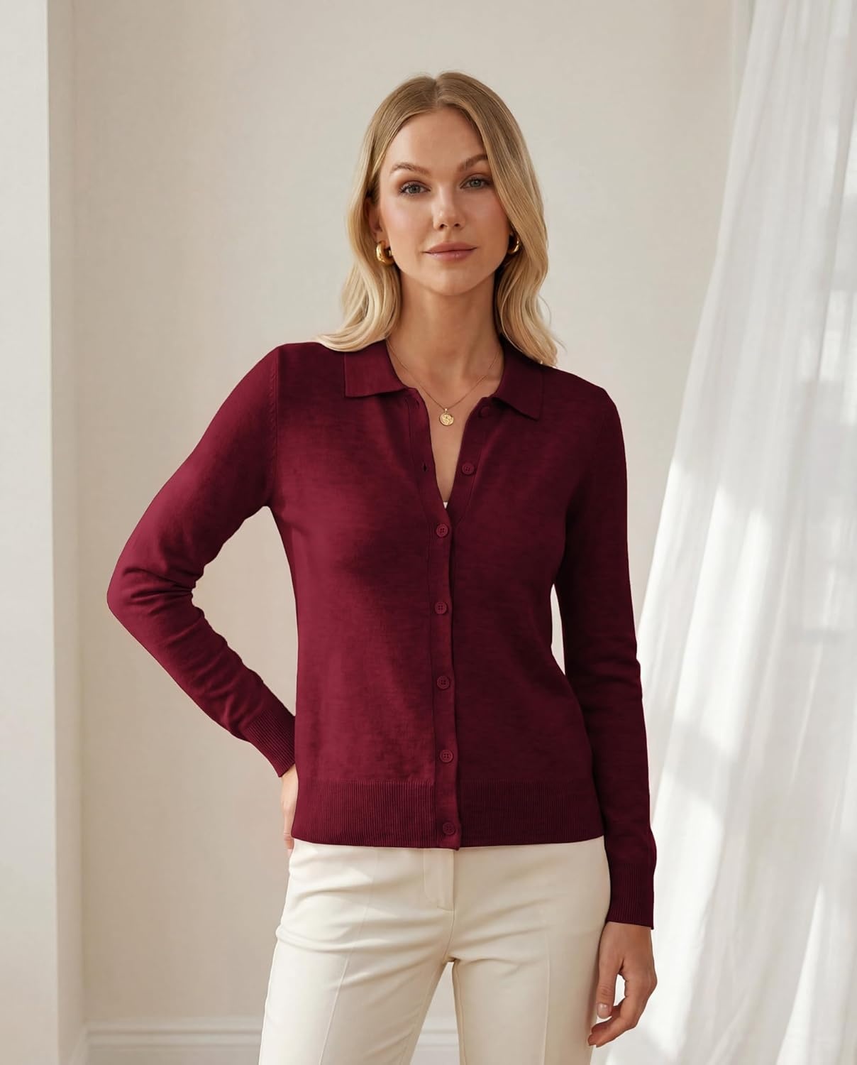 image:imageGRACE KARIN Cardigan Sweaters for Women Lightweight Trendy Long Sleeve Cardigans Lapel Collar Button Down Knit TopsBurgundy