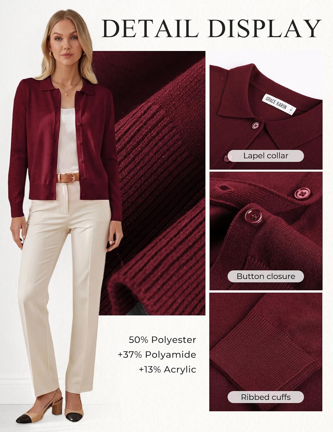image:imageGRACE KARIN Cardigan Sweaters for Women Lightweight Trendy Long Sleeve Cardigans Lapel Collar Button Down Knit TopsBurgundy
