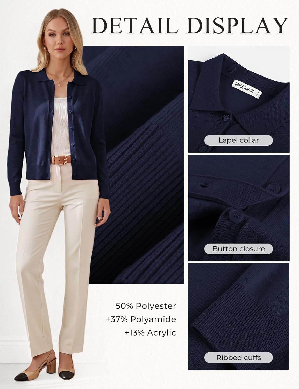 image:imageGRACE KARIN Cardigan Sweaters for Women Lightweight Trendy Long Sleeve Cardigans Lapel Collar Button Down Knit TopsNavy Blue
