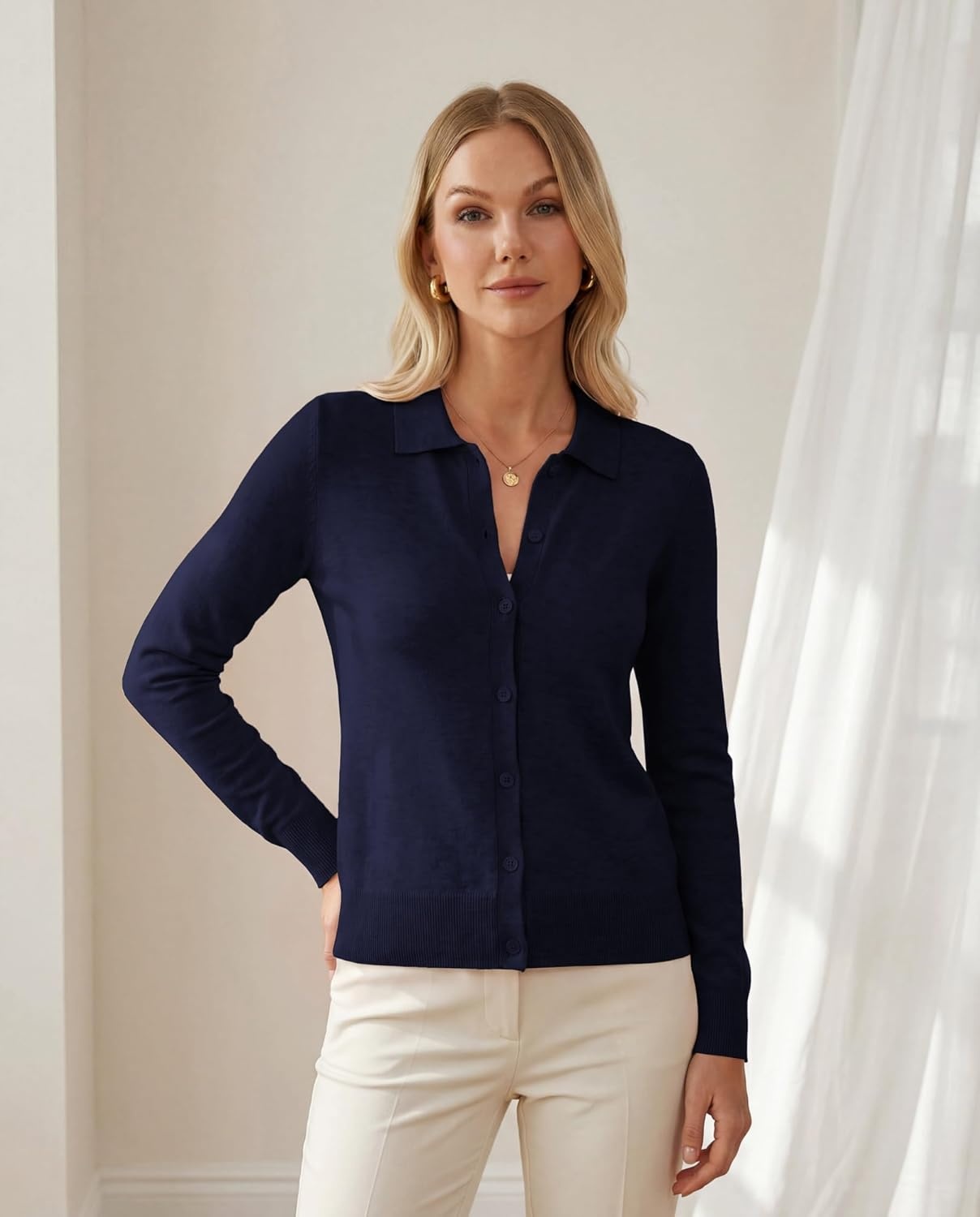 image:imageGRACE KARIN Cardigan Sweaters for Women Lightweight Trendy Long Sleeve Cardigans Lapel Collar Button Down Knit TopsNavy Blue