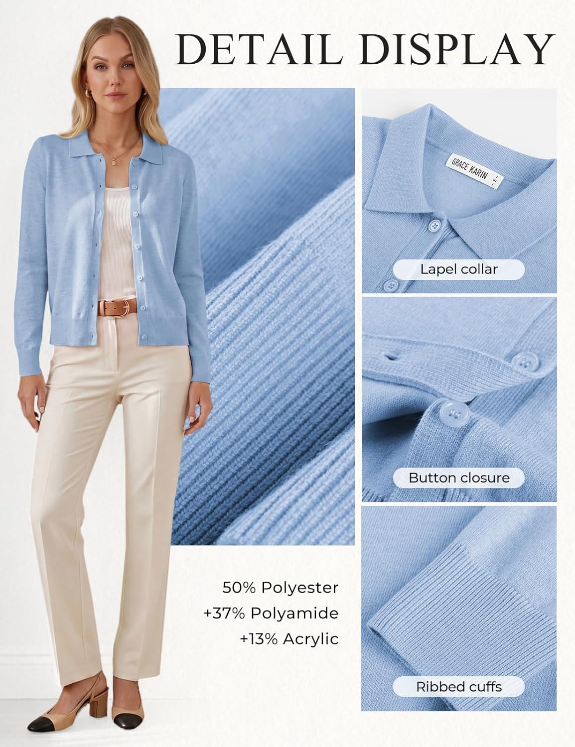image:imageGRACE KARIN Cardigan Sweaters for Women Lightweight Trendy Long Sleeve Cardigans Lapel Collar Button Down Knit TopsPale Blue
