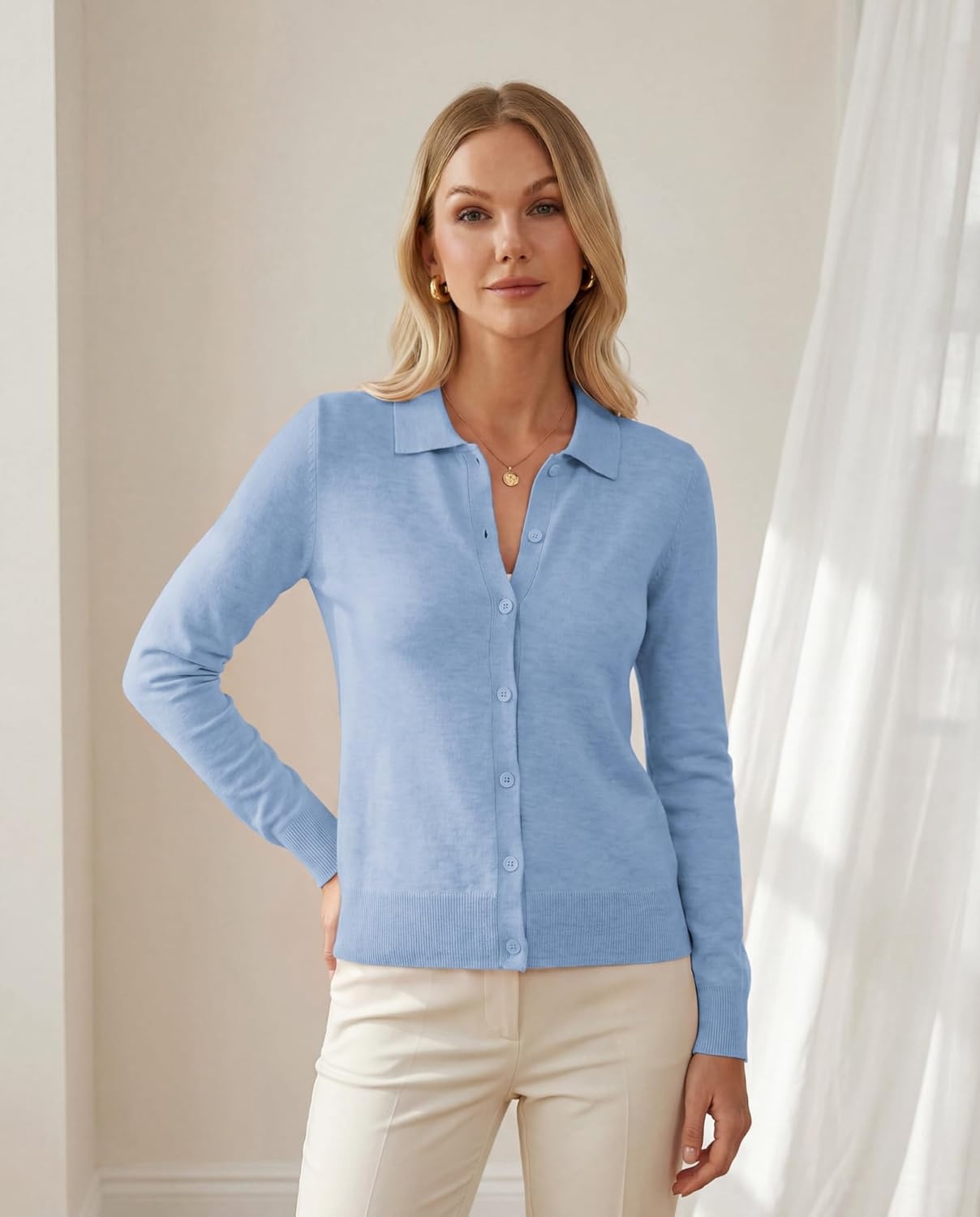 image:imageGRACE KARIN Cardigan Sweaters for Women Lightweight Trendy Long Sleeve Cardigans Lapel Collar Button Down Knit TopsPale Blue