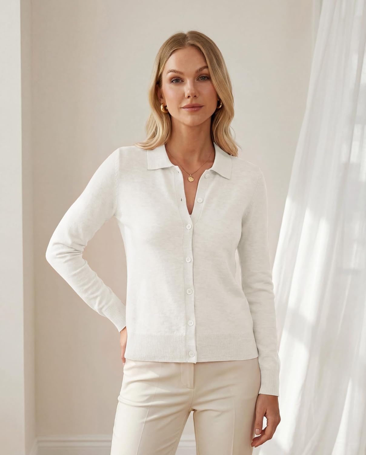 image:imageGRACE KARIN Cardigan Sweaters for Women Lightweight Trendy Long Sleeve Cardigans Lapel Collar Button Down Knit TopsWhite