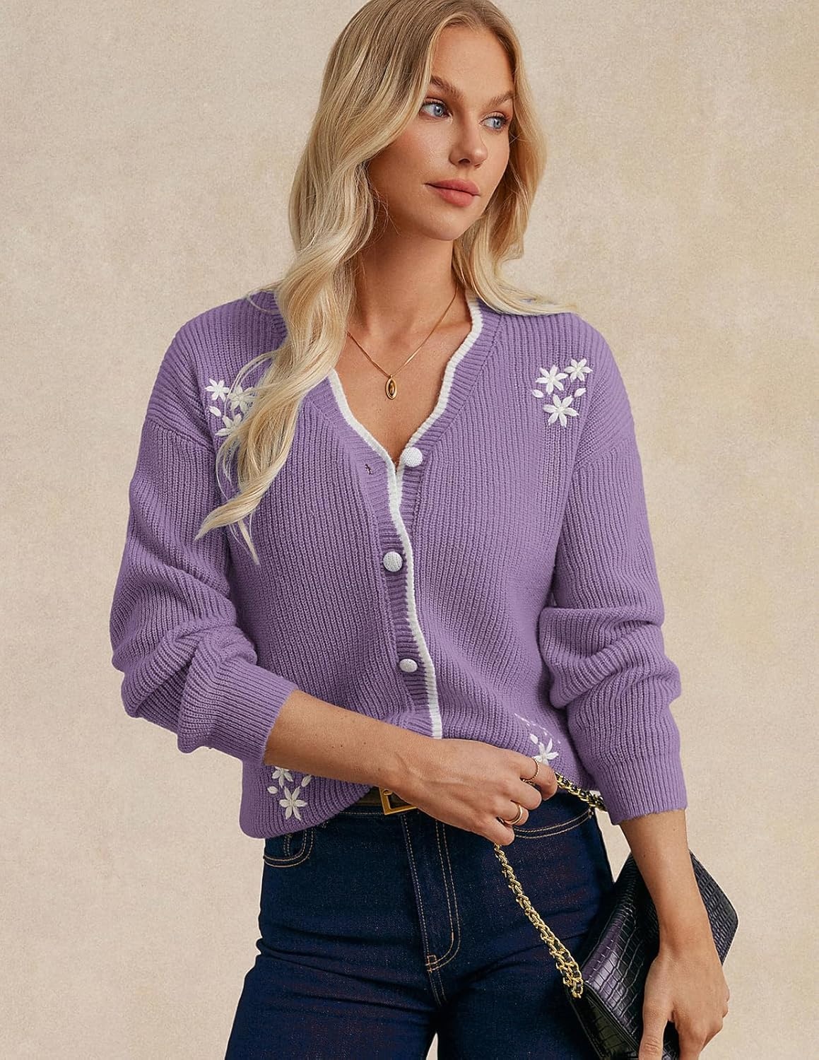image:imageGRACE KARIN Flower Sweater Cardigan for Women Button Down Long Sleeve Cardigans Embroidered Open Front JacketPurple