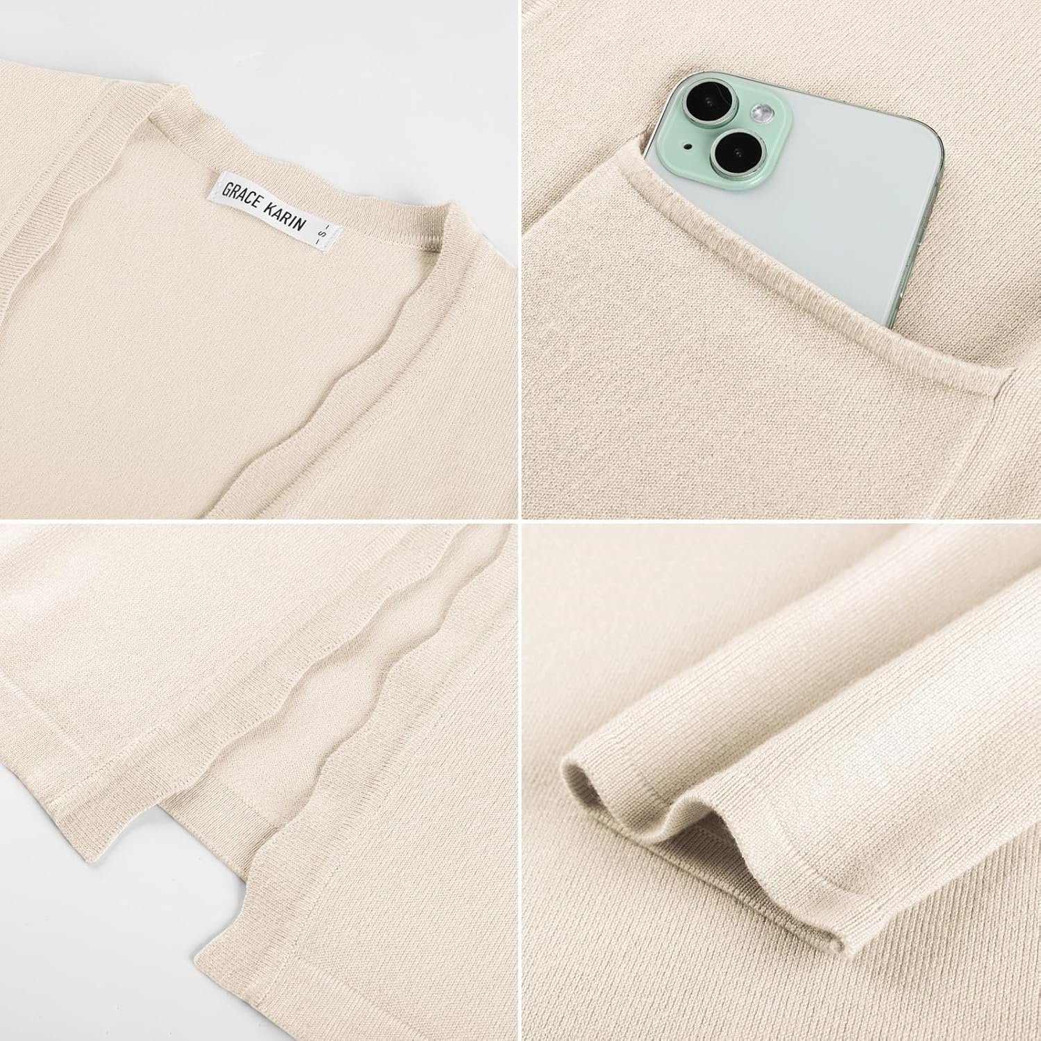 image:imageGRACE KARIN Long Cardigan Sweater for Women Lightweight Cardigans Business Casual Open Front Spring Outfits with PocketsBeige