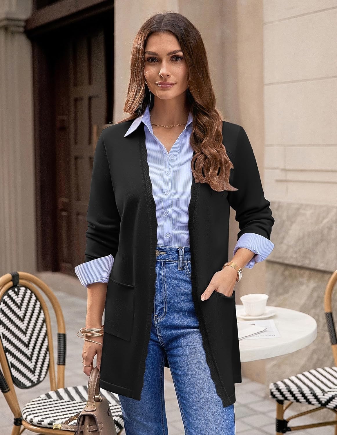 image:imageGRACE KARIN Long Cardigan Sweater for Women Lightweight Cardigans Business Casual Open Front Spring Outfits with PocketsBlack