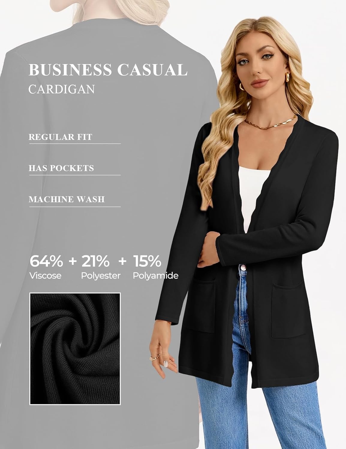 image:imageGRACE KARIN Long Cardigan Sweater for Women Lightweight Cardigans Business Casual Open Front Spring Outfits with PocketsBlack