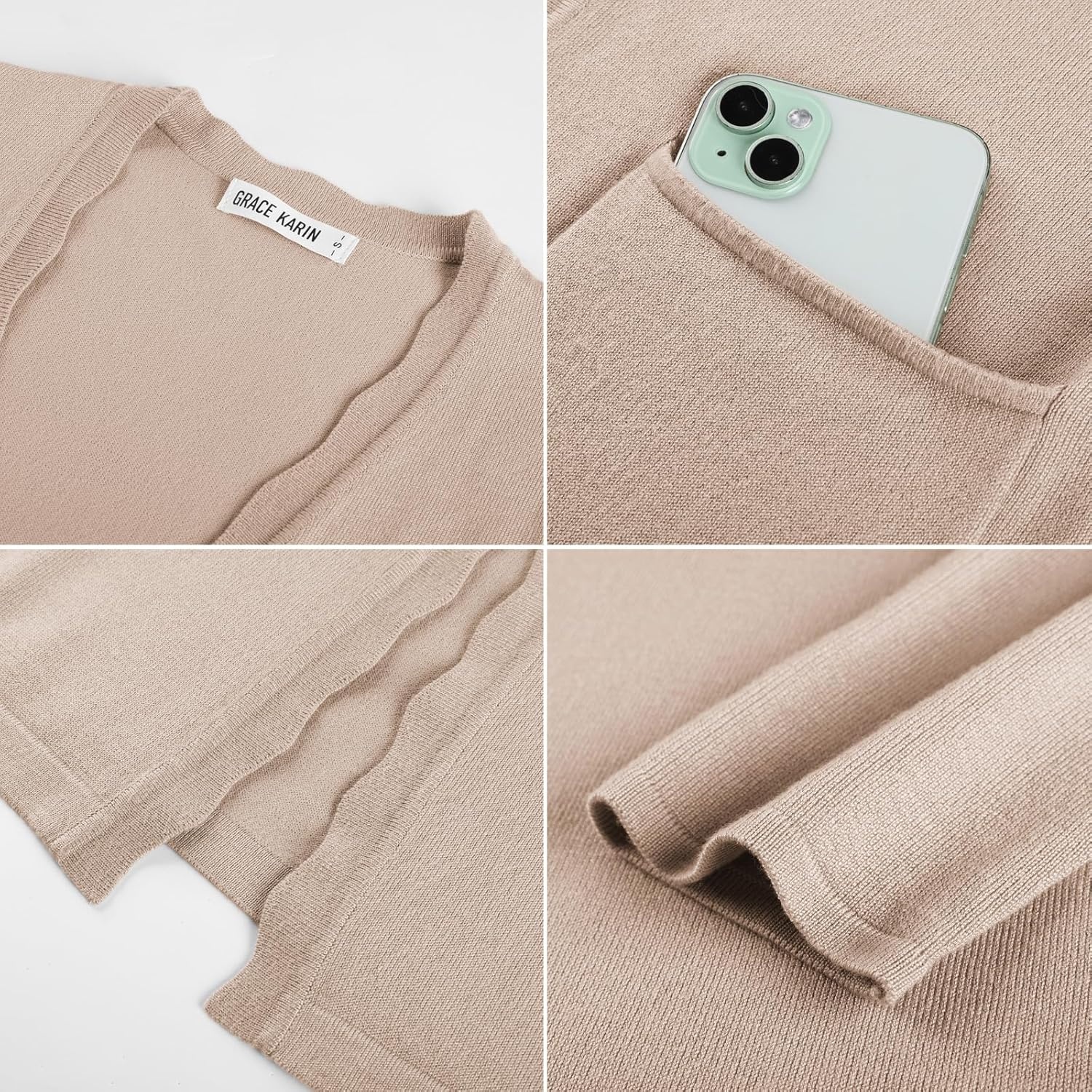 image:imageGRACE KARIN Long Cardigan Sweater for Women Lightweight Cardigans Business Casual Open Front Spring Outfits with PocketsKhaki