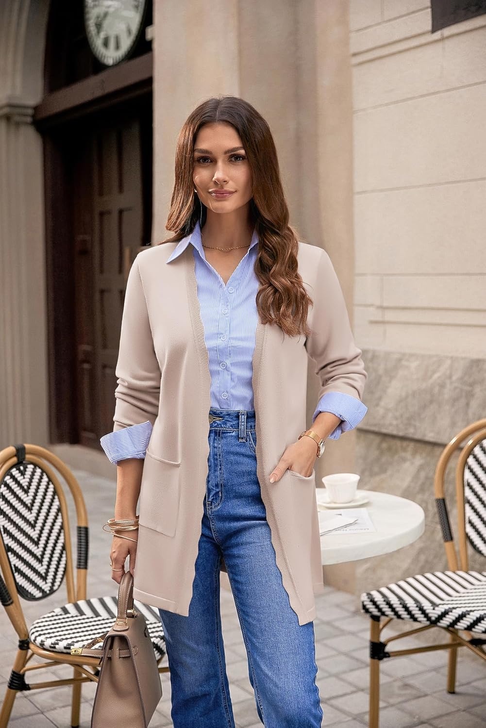image:imageGRACE KARIN Long Cardigan Sweater for Women Lightweight Cardigans Business Casual Open Front Spring Outfits with PocketsLight Camel
