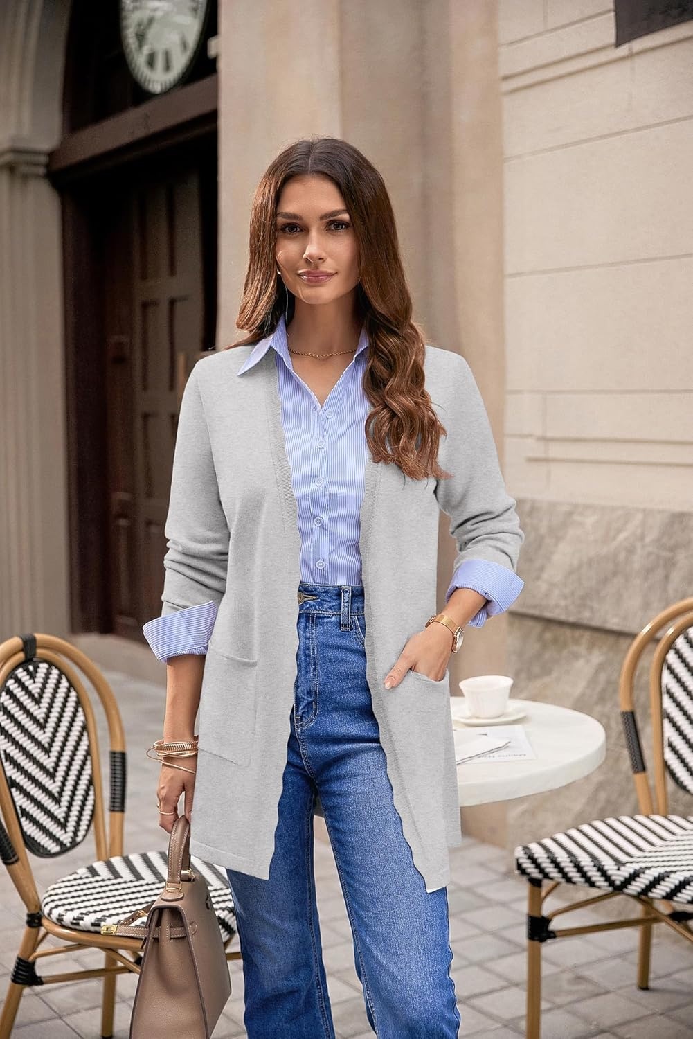 image:imageGRACE KARIN Long Cardigan Sweater for Women Lightweight Cardigans Business Casual Open Front Spring Outfits with PocketsLight Grey