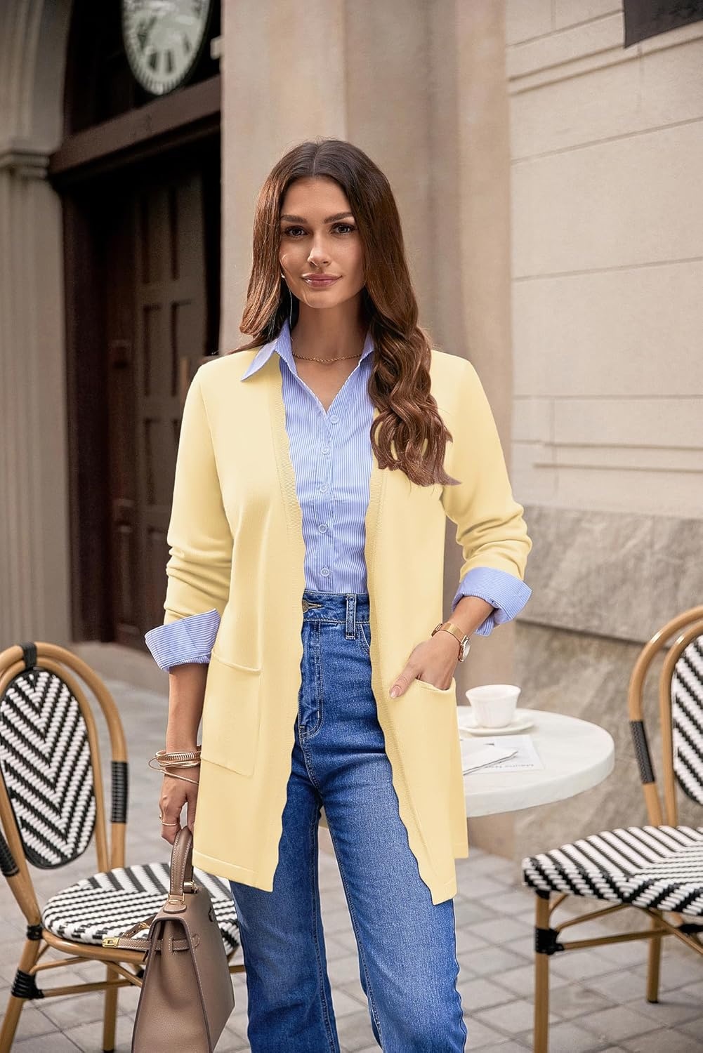 image:imageGRACE KARIN Long Cardigan Sweater for Women Lightweight Cardigans Business Casual Open Front Spring Outfits with PocketsLight Yellow