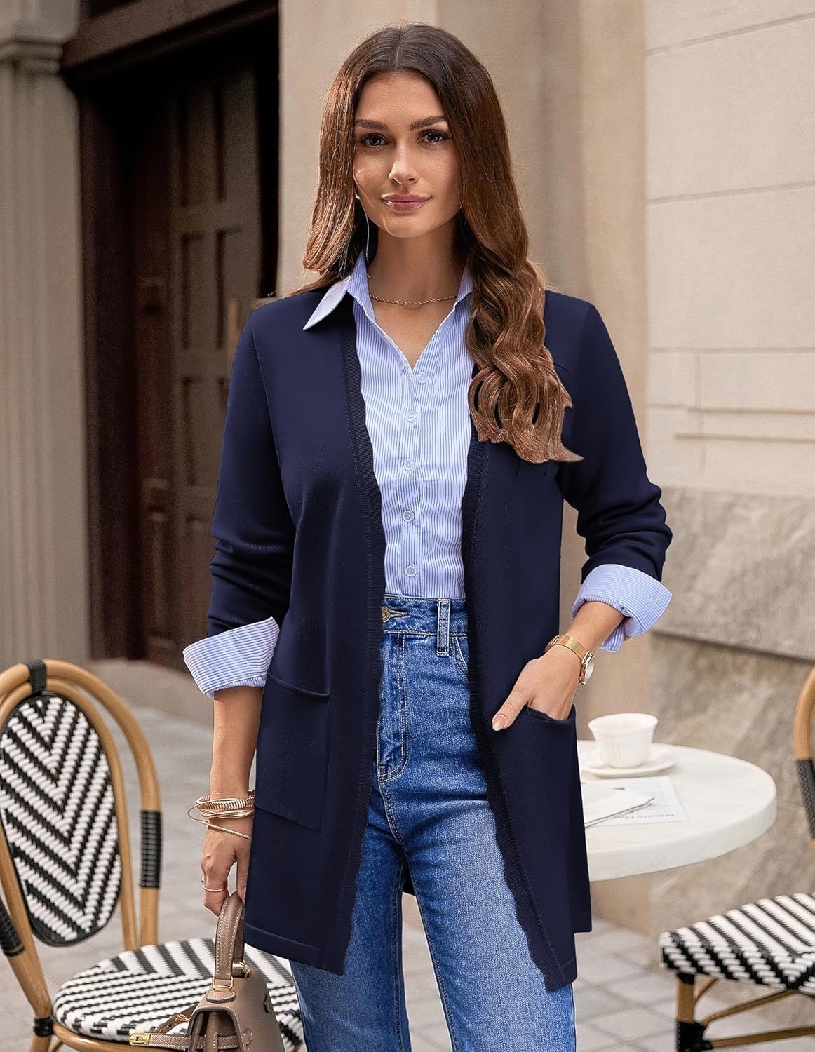 image:imageGRACE KARIN Long Cardigan Sweater for Women Lightweight Cardigans Business Casual Open Front Spring Outfits with PocketsNavy Blue