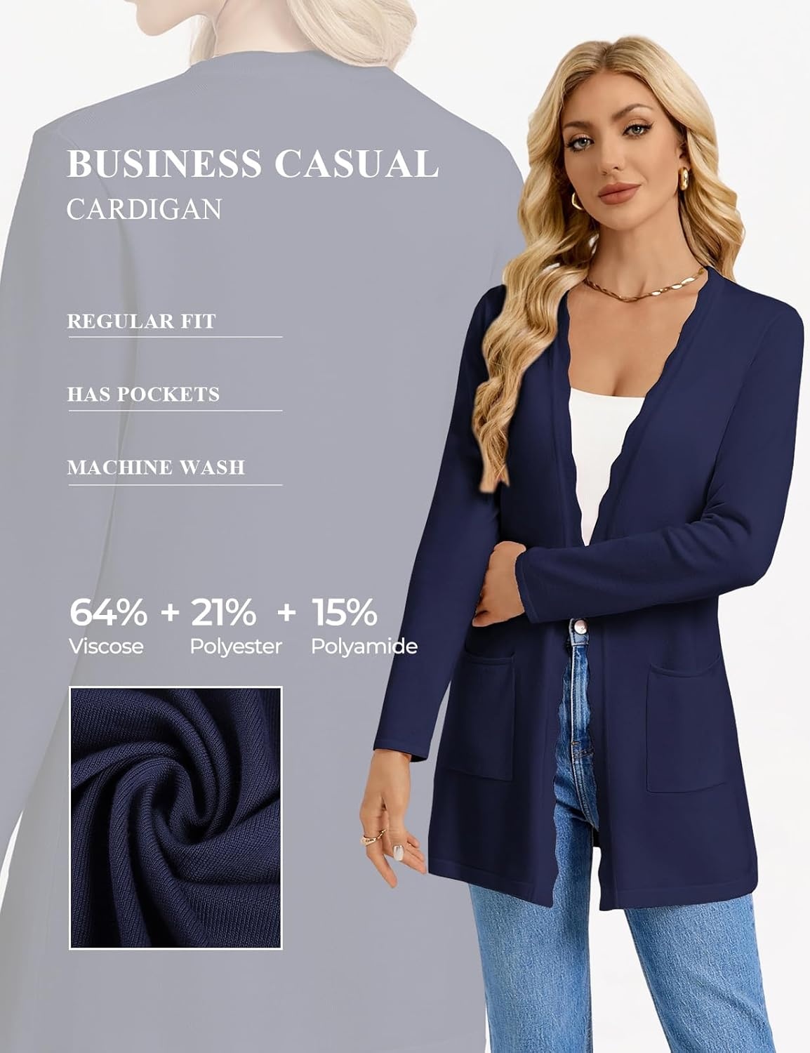 image:imageGRACE KARIN Long Cardigan Sweater for Women Lightweight Cardigans Business Casual Open Front Spring Outfits with PocketsNavy Blue