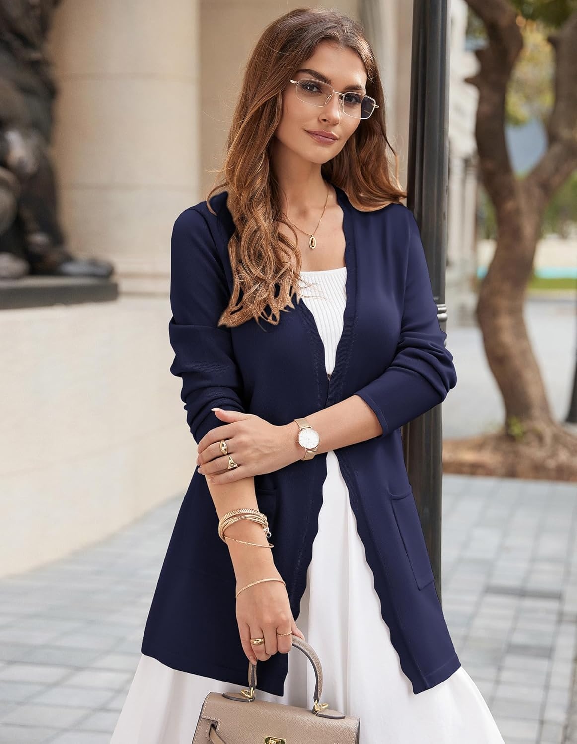 image:imageGRACE KARIN Long Cardigan Sweater for Women Lightweight Cardigans Business Casual Open Front Spring Outfits with PocketsNavy Blue