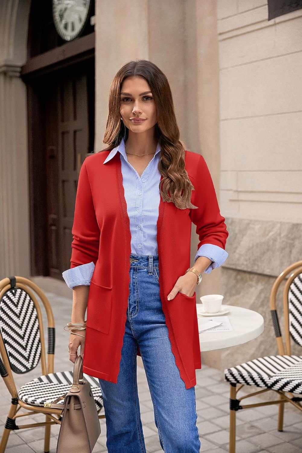 image:imageGRACE KARIN Long Cardigan Sweater for Women Lightweight Cardigans Business Casual Open Front Spring Outfits with PocketsRed