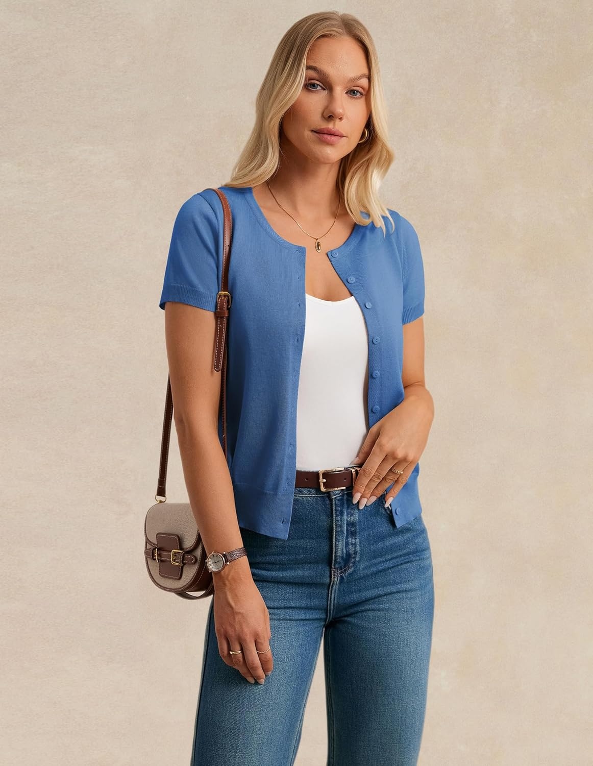 image:imageGRACE KARIN Women Short Sleeve Cardigan 2026 Summer Knitted Sweater Tops Basic Crew Neck Crop OutfitsBlue