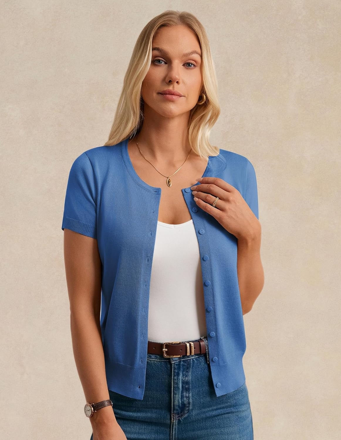 image:imageGRACE KARIN Women Short Sleeve Cardigan 2026 Summer Knitted Sweater Tops Basic Crew Neck Crop OutfitsBlue