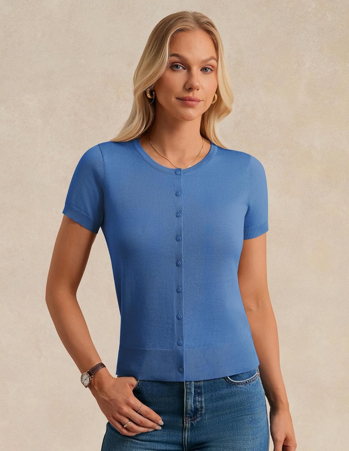 image:imageGRACE KARIN Women Short Sleeve Cardigan 2026 Summer Knitted Sweater Tops Basic Crew Neck Crop OutfitsBlue