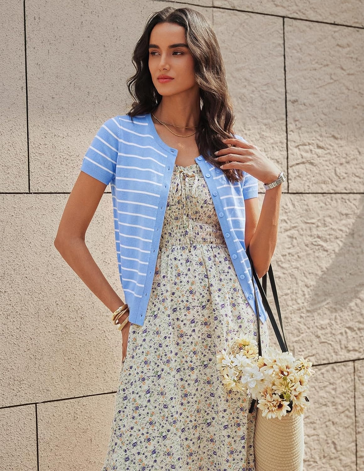 image:imageGRACE KARIN Women Short Sleeve Cardigan 2026 Summer Knitted Sweater Tops Basic Crew Neck Crop OutfitsBlue White