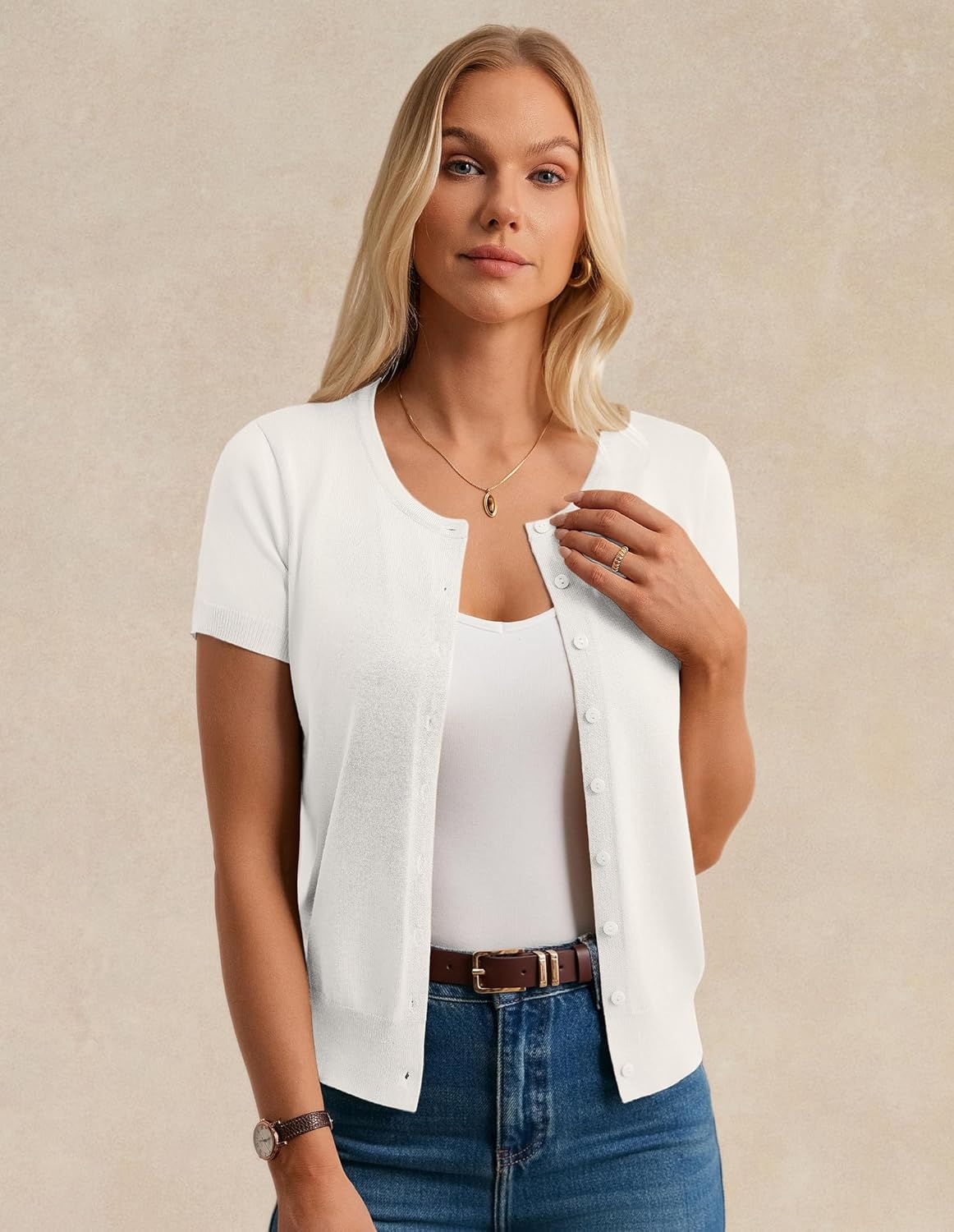 image:imageGRACE KARIN Women Short Sleeve Cardigan 2026 Summer Knitted Sweater Tops Basic Crew Neck Crop OutfitsIvory