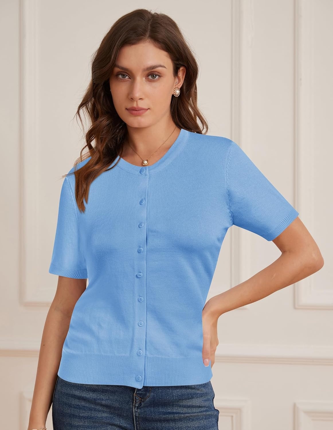 image:imageGRACE KARIN Women Short Sleeve Cardigan 2026 Summer Knitted Sweater Tops Basic Crew Neck Crop OutfitsLight Blue