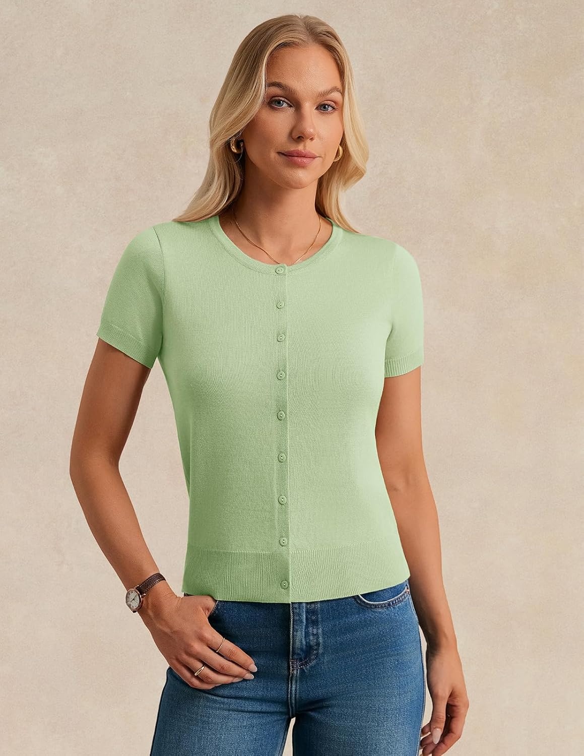 image:imageGRACE KARIN Women Short Sleeve Cardigan 2026 Summer Knitted Sweater Tops Basic Crew Neck Crop OutfitsLight Green