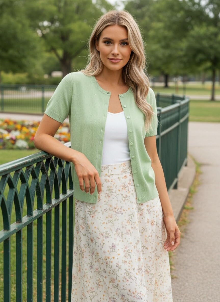 image:imageGRACE KARIN Women Short Sleeve Cardigan 2026 Summer Knitted Sweater Tops Basic Crew Neck Crop OutfitsLight Green