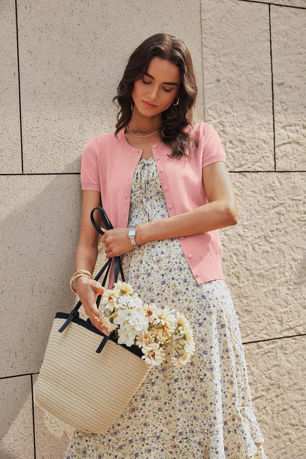 image:imageGRACE KARIN Women Short Sleeve Cardigan 2026 Summer Knitted Sweater Tops Basic Crew Neck Crop OutfitsLight Pink1
